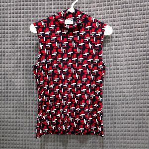 VTG Sleeveless Stretch Mockneck Top SzM Red White Blue Geometric Slinky 90s Y2K